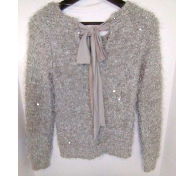 JENNIFER LOPEZ grey silver glitter furry size XSmall Sweater tie silk back - Picture 5 of 10